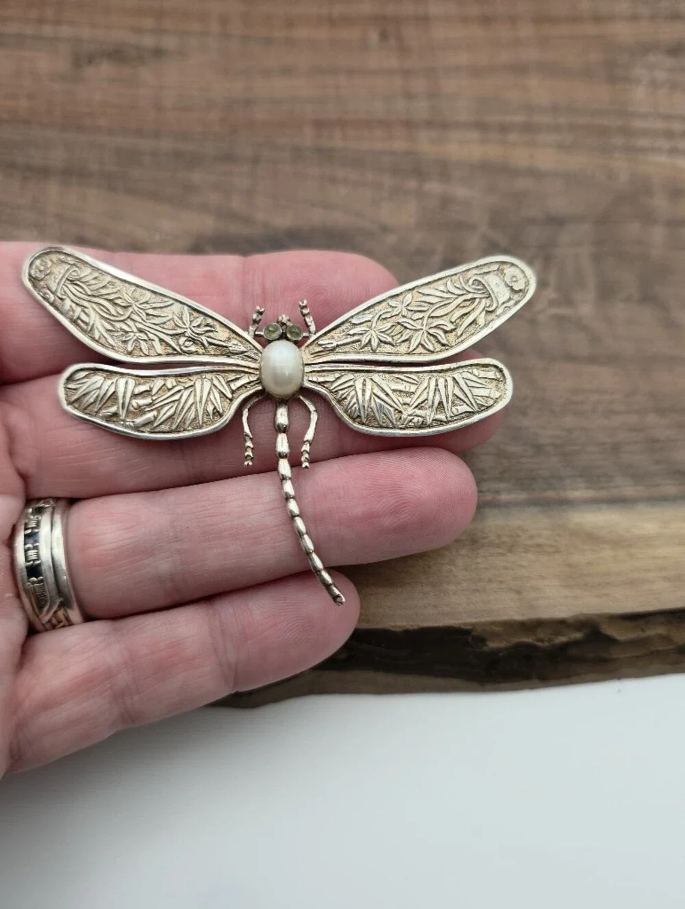 Vintage Dragonfly Insect Brooch Pearl Repousse Art Nouveau 925 Sterling Silver